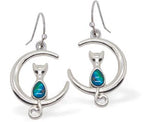 Paua Shell Cat in the Moon Drop Earrings, Rhodium Plated