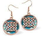 PA87 - Rose Gold Coloured Earrings of Paua Shell, Circular with Celtic Knot Image