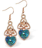 PA93 - Rose Gold Coloured Drop Earrings of Paua Shell, Celtic Heart Drops